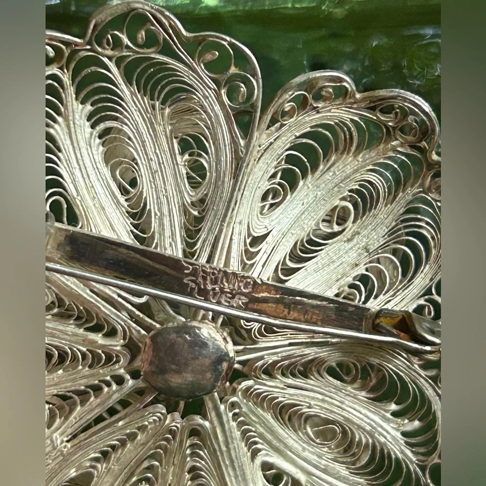 Vintage Sterling Silver Handmade Flower Filagree Brooch